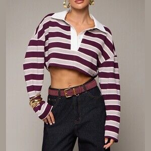 Plum Purple Striped Ultra Cropped Polo with White Contrast Collar
